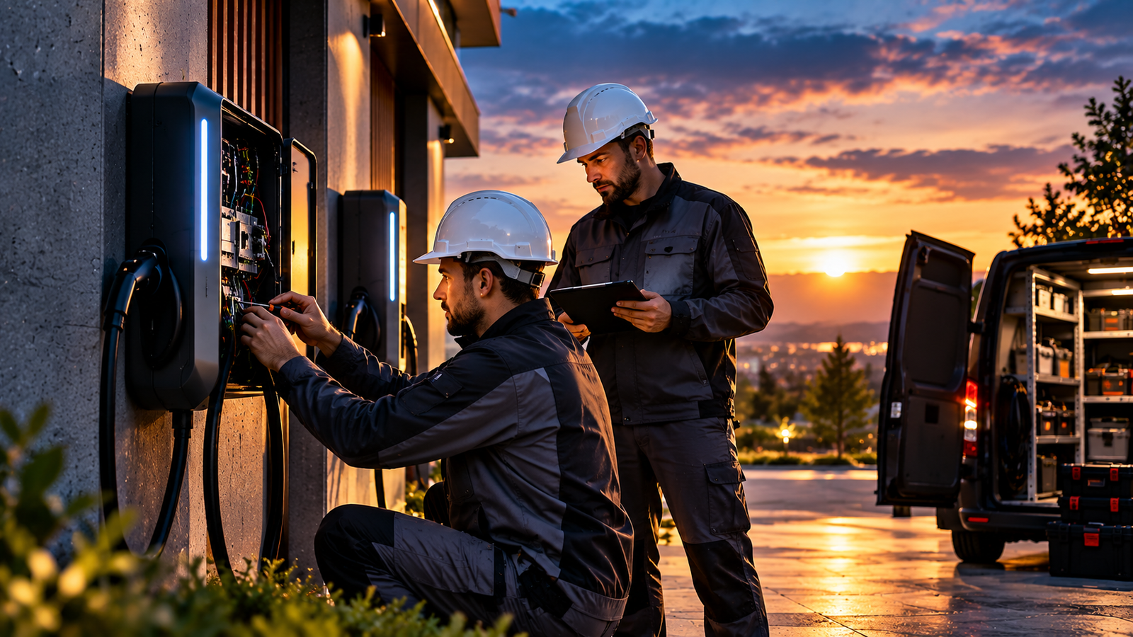 EV charging professionals working on an installation